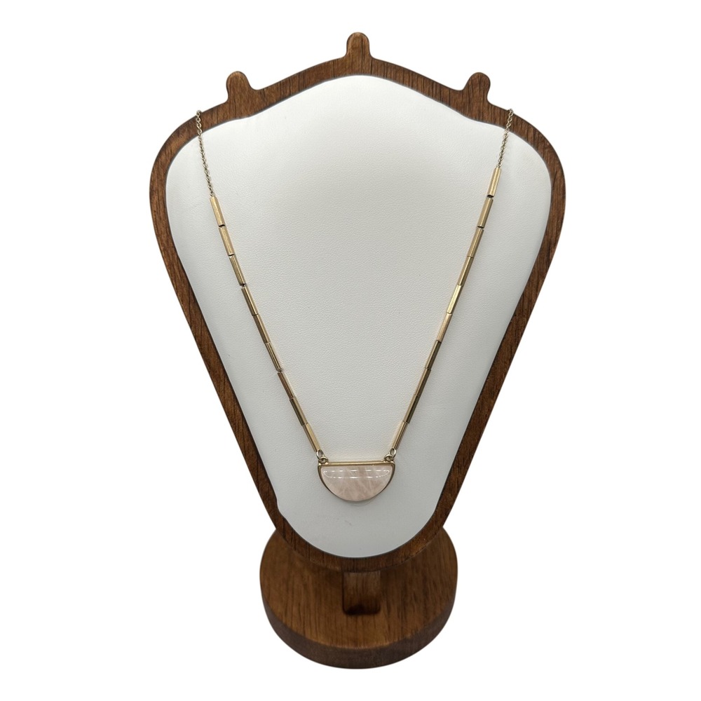 Rose Quartz Half Moon Pendant Necklace Gold Tone Bar Minimalist Boho Chic Modern